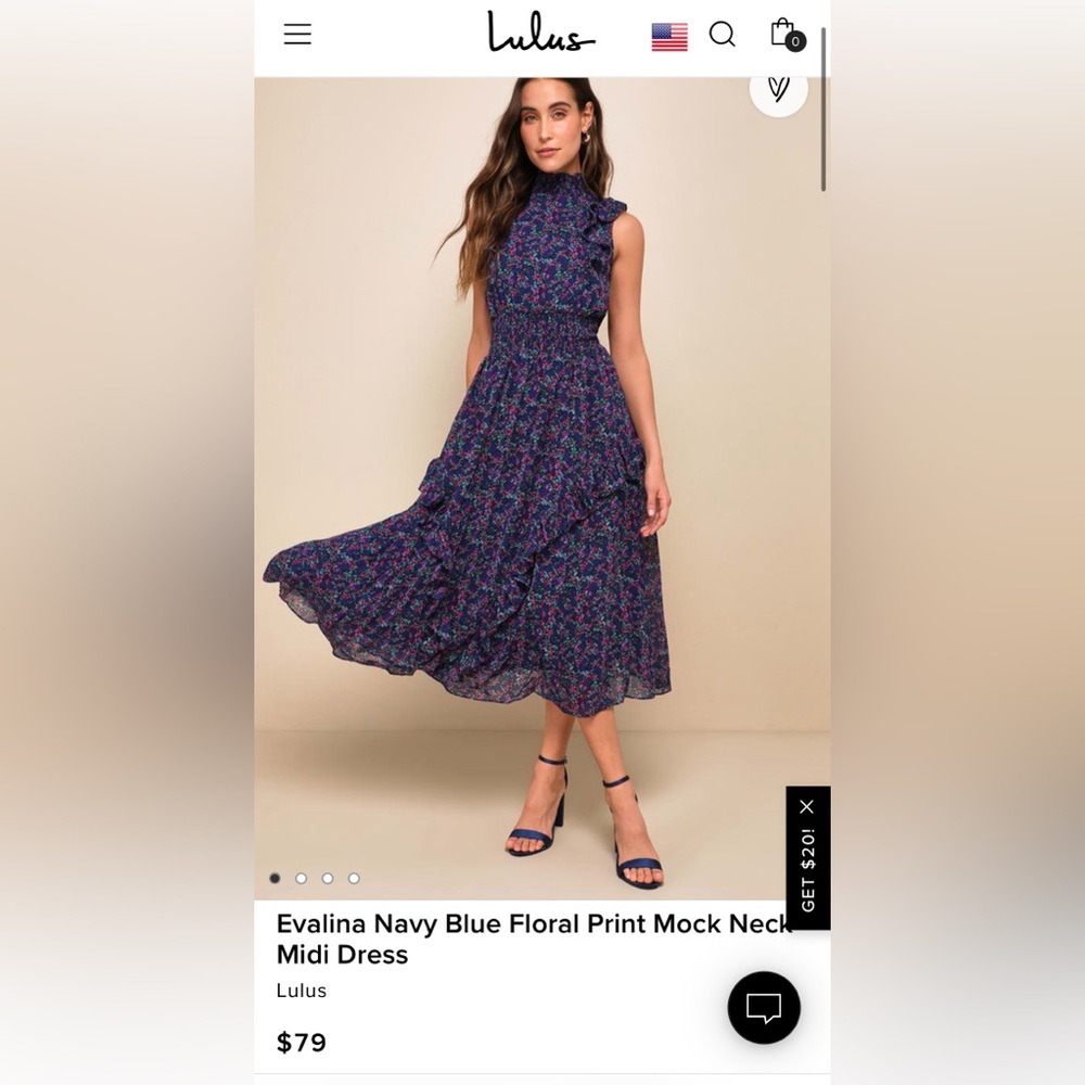 Evalina Navy Blue Floral Print Mock Neck Midi Dress